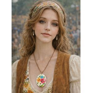 Hand Painted Mother of Pearl Floral Pendant Necklace Adjustable Cord